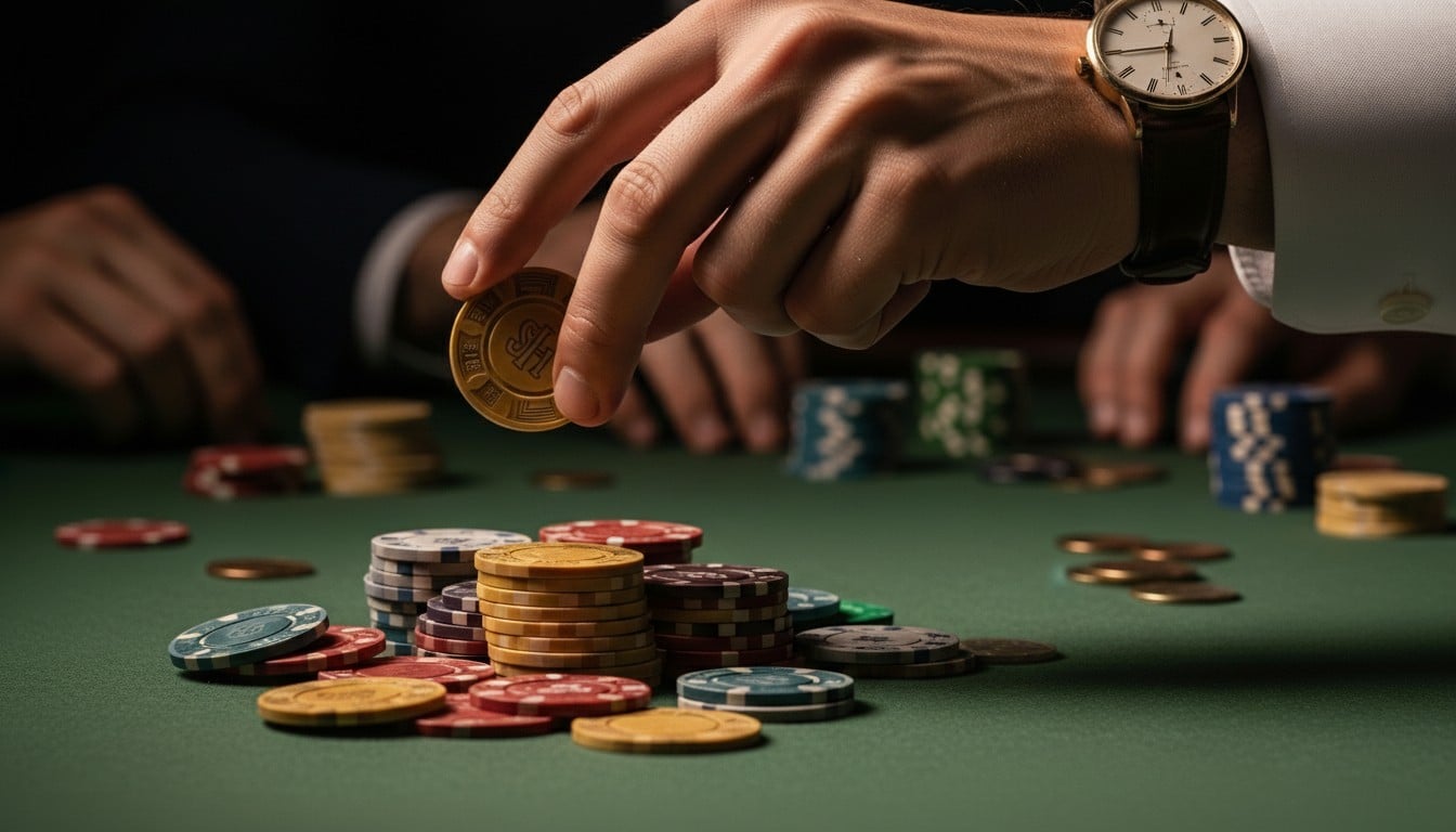 Ruka s ručnim satom podiže poker žeton iznad gomile šarenih žetona na zelenoj površini poker stola.
