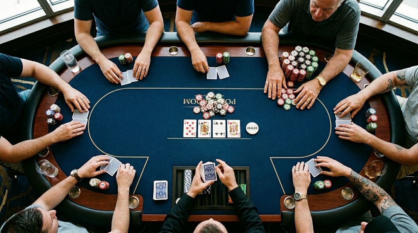 Pogled odozgo na poker sto sa više igrača, kartama i velikim potovima od žetona.