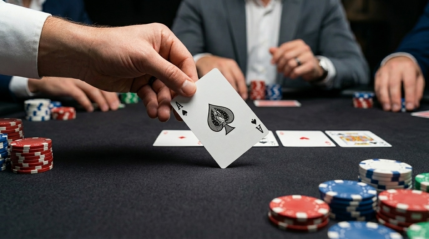 Poker igrač pokazuje asa pik tokom napete ruke za stolom.