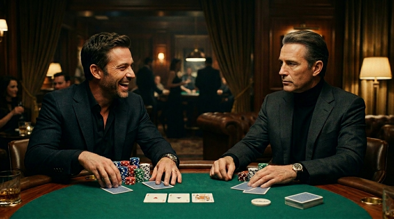 Dva poker igrača različito reaguju na ishod ruke, jedan se smije dok drugi ostaje ozbiljan.