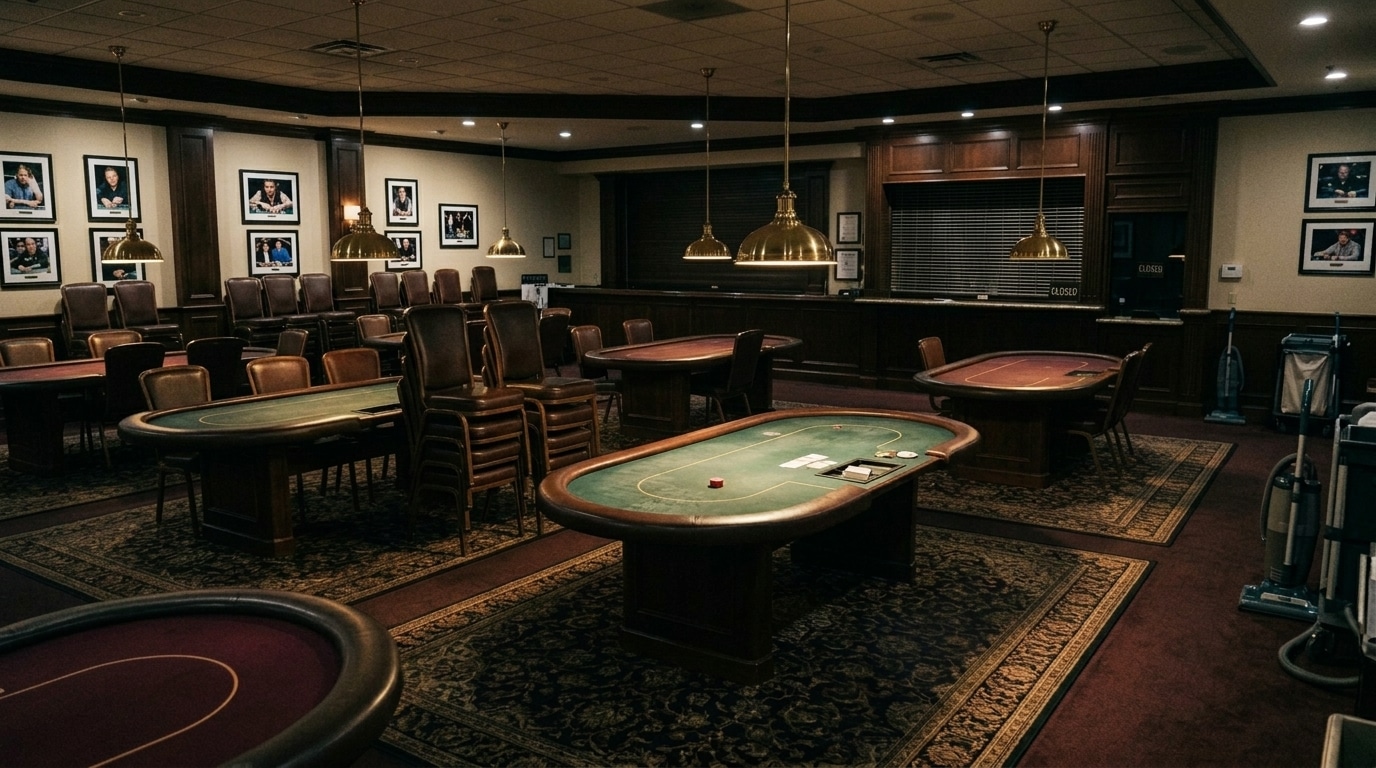 Prazna poker sala nakon završene igre, sa stolovima, stolicama i preostalim kartama.