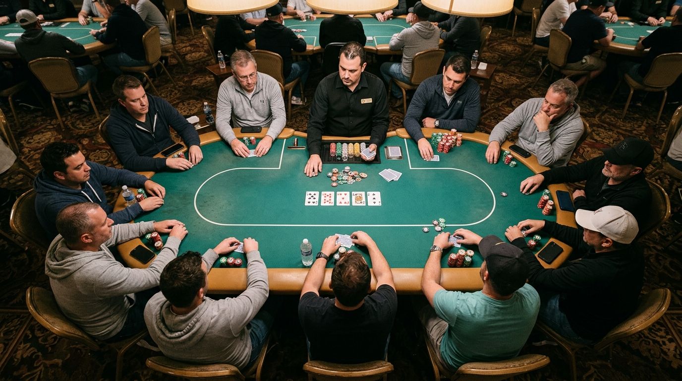 Veliki poker turnir sa punim stolom igrača tokom odlučujuće ruke.
