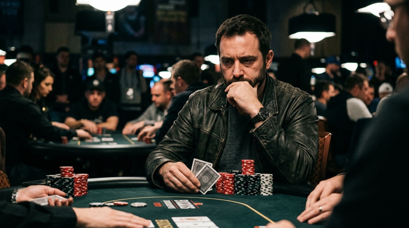 Igrač zamišljeno drži karte tokom poker turnira, razmišljajući o snazi svoje ruke.