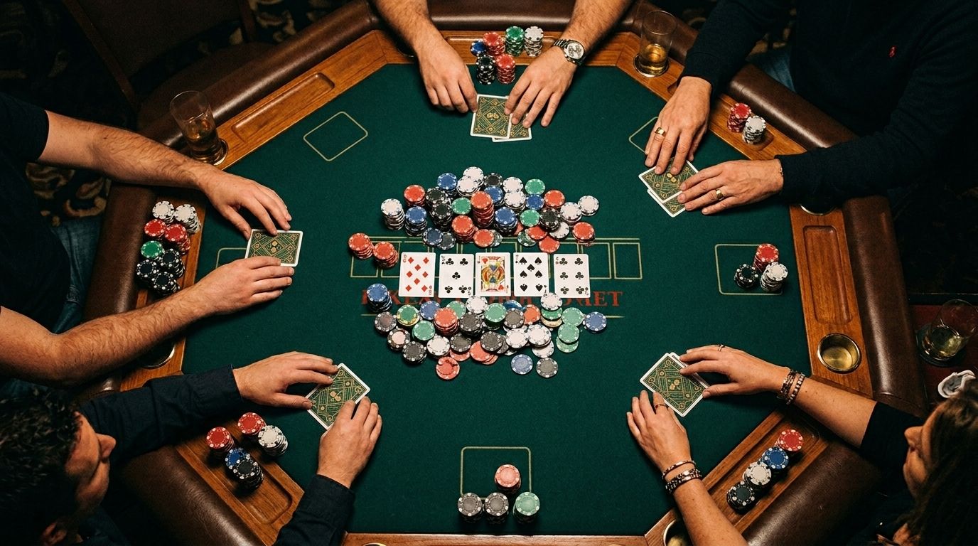 Poker sto sa pet otvorenih karata na stolu i naslaganim žetonima oko pota.