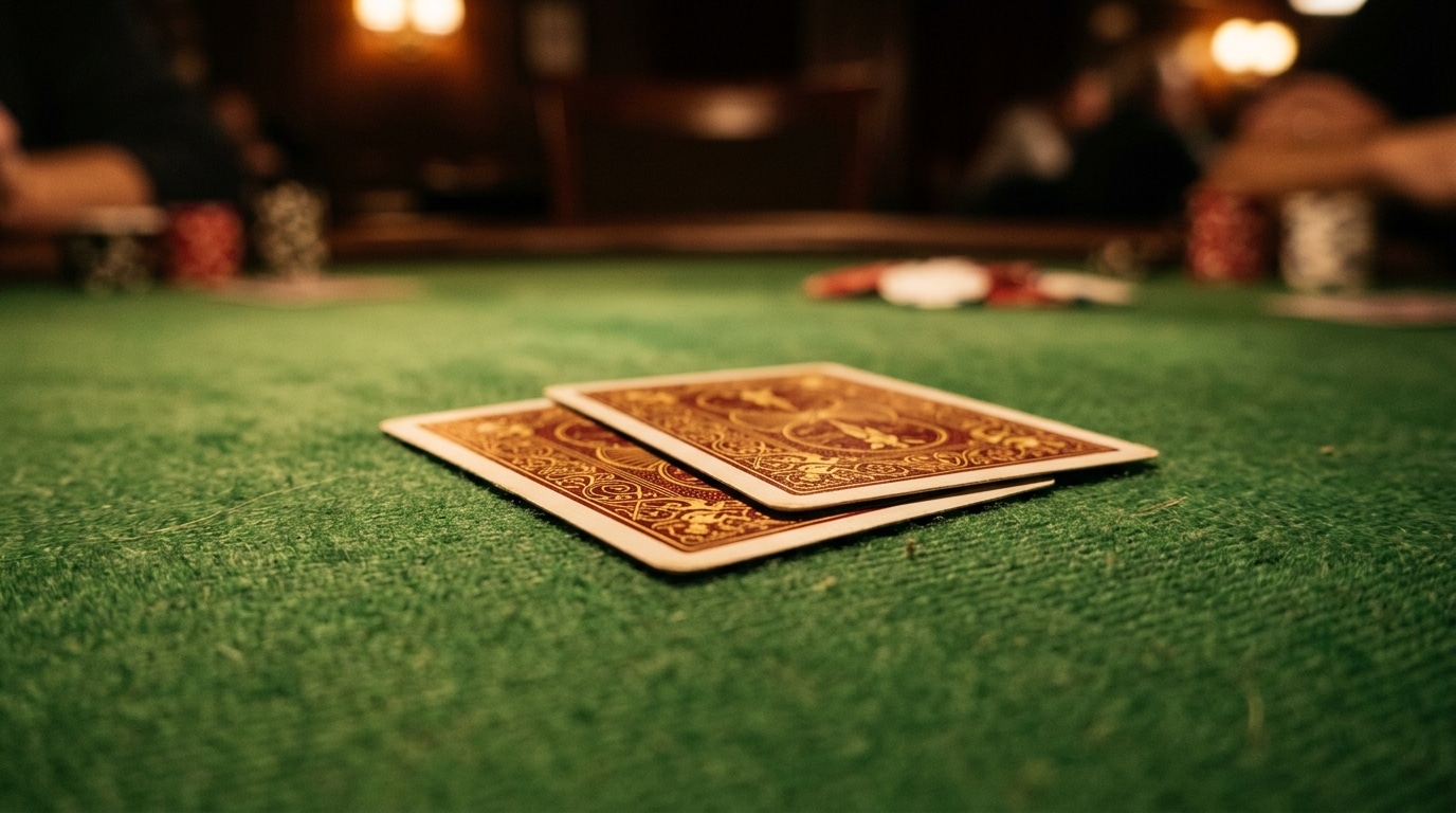 Dvije zatvorene karte na zelenom filcu poker stola, sa žetonima u pozadini