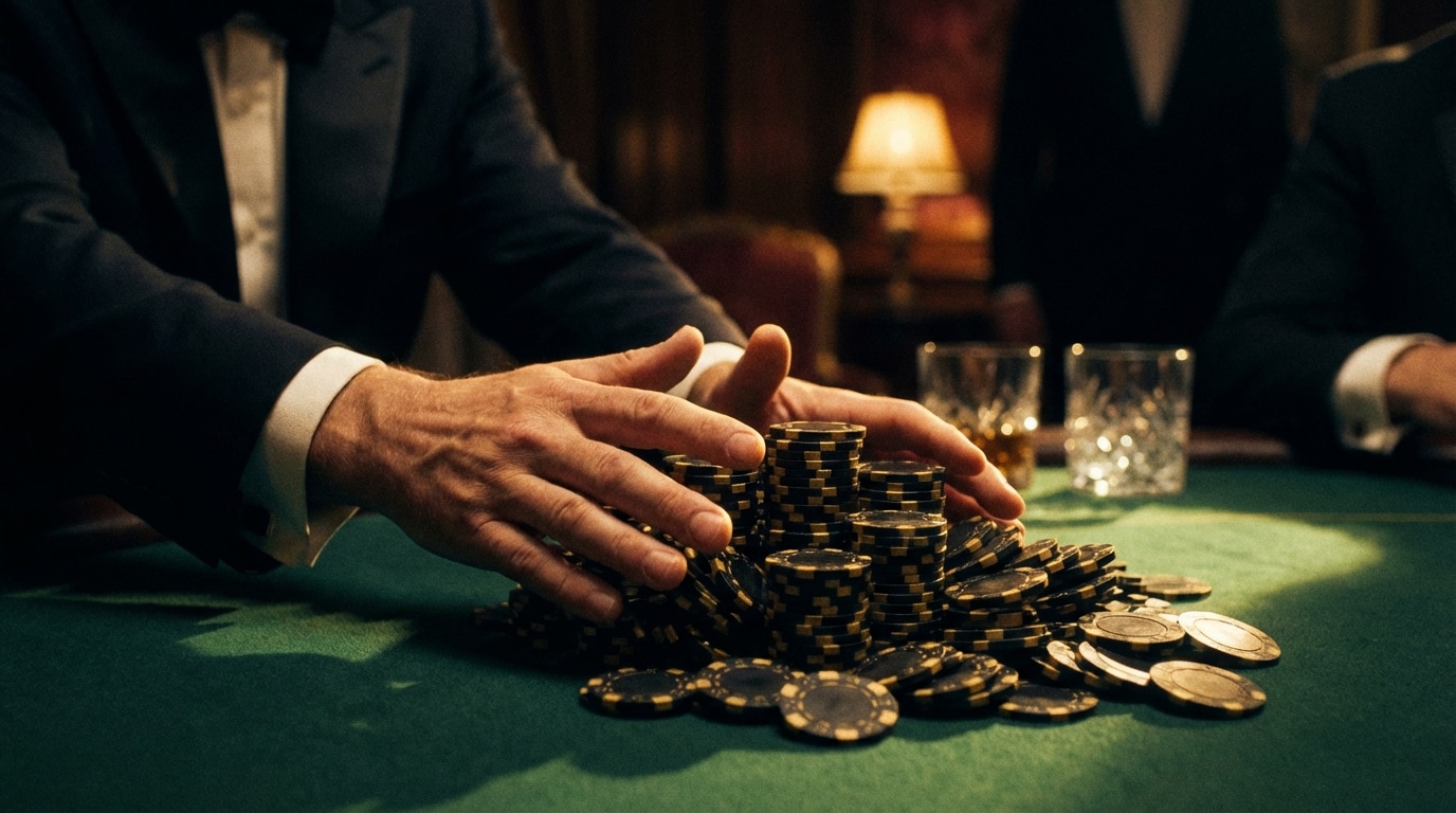 Muškarac u smokingu prikuplja veliki stek žetona za pokerskim stolom, u atmosferi luksuznog privatnog kluba.