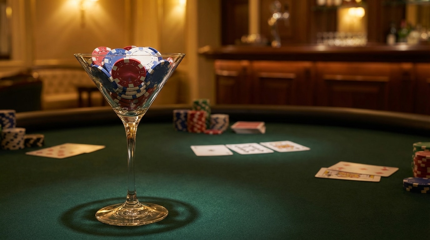 Čaša za martini napunjena pokerskim žetonima stoji na zelenoj podlozi stola, simbol glamura kazino svijeta.
