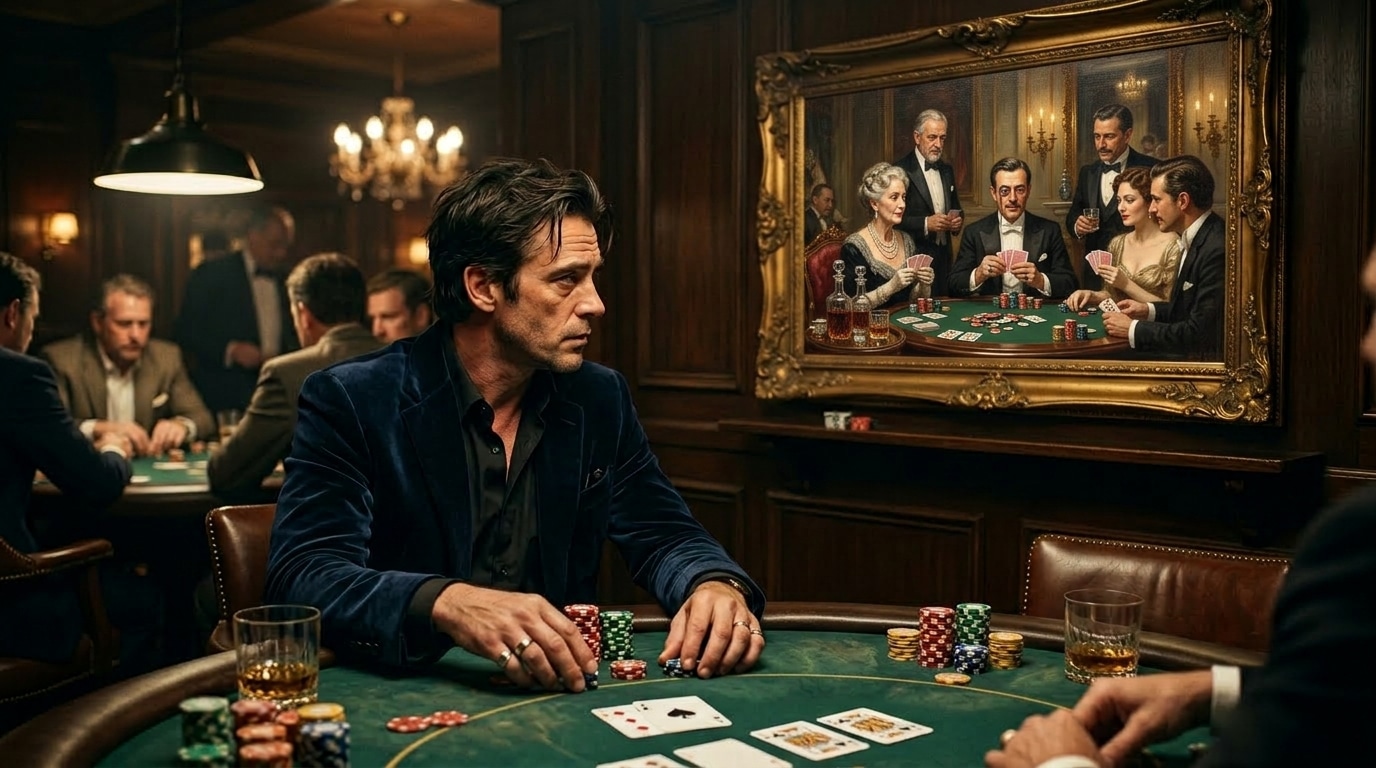 Muškarac za pokerskim stolom posmatra staru sliku elegantne igre karata, aludirajući na istoriju i tradiciju pokera.