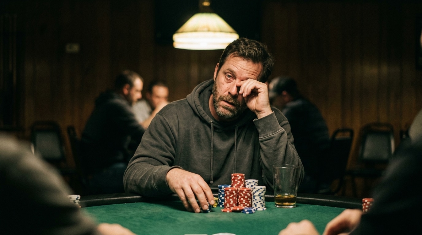 Umoran igrač trlja oči tokom duge poker sesije, s gomilom žetona i čašom pića ispred sebe.