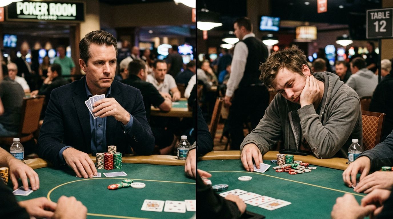 Usporedba dva igrača u istoj poker sobi: koncentriran igrač na početku sesije i iscrpljen igrač nakon dugih sati za stolom.