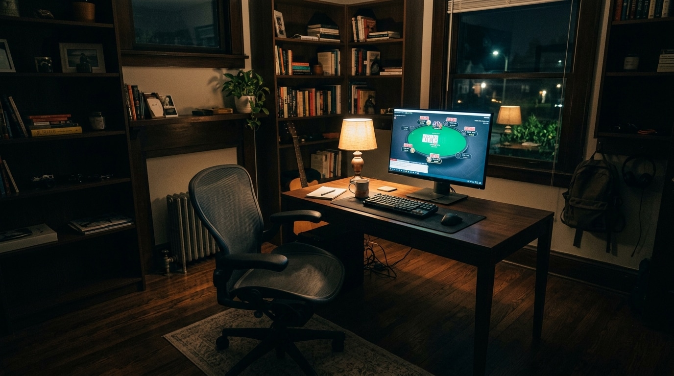 Prazna stolica ispred monitora s otvorenim online pokerskim stolom u zamračenoj sobi, trenutak kada sesija treba stati.