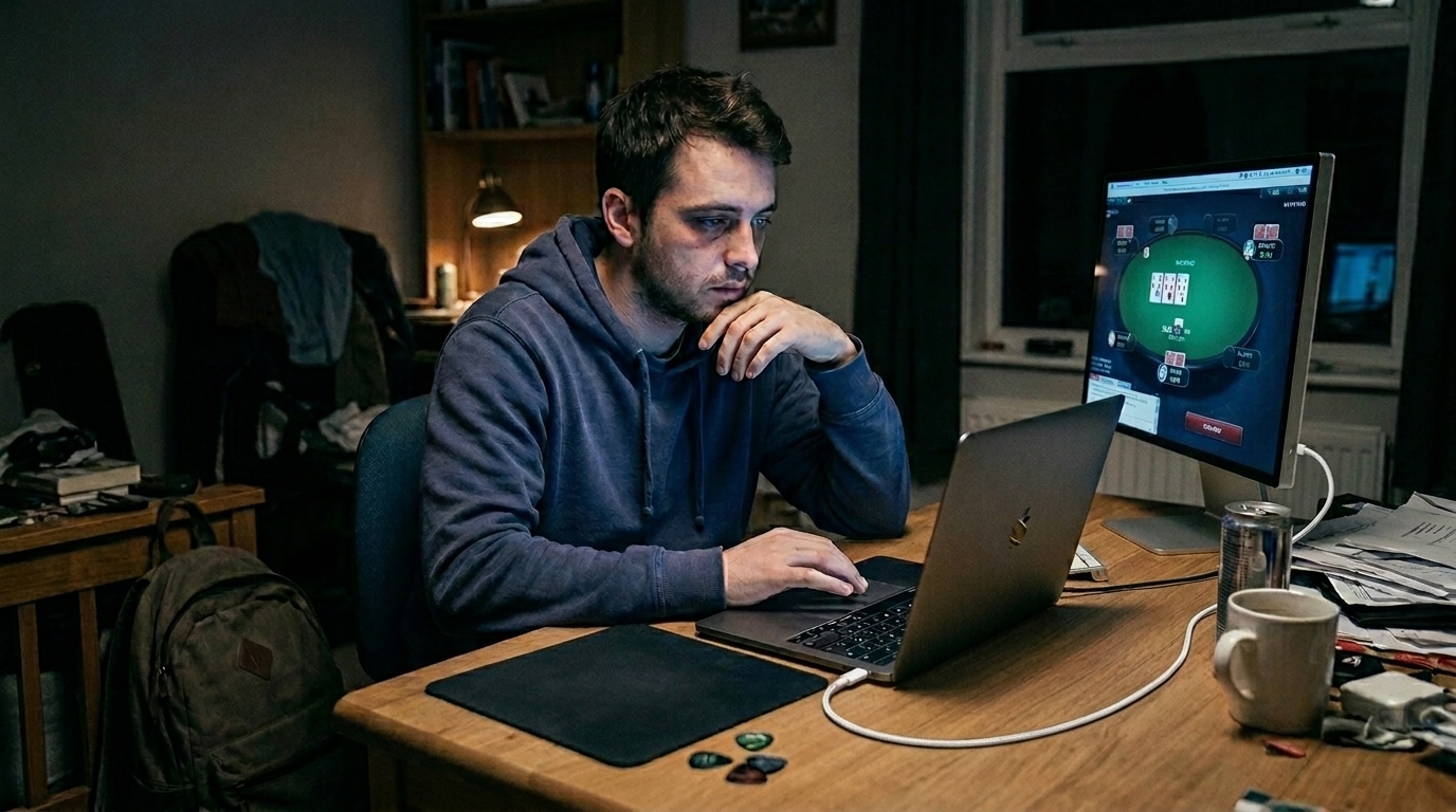 Mladić igra online poker kasno u noć za pretrpanim stolom, s laptopom, monitorom i energetskim napitkom pored sebe.