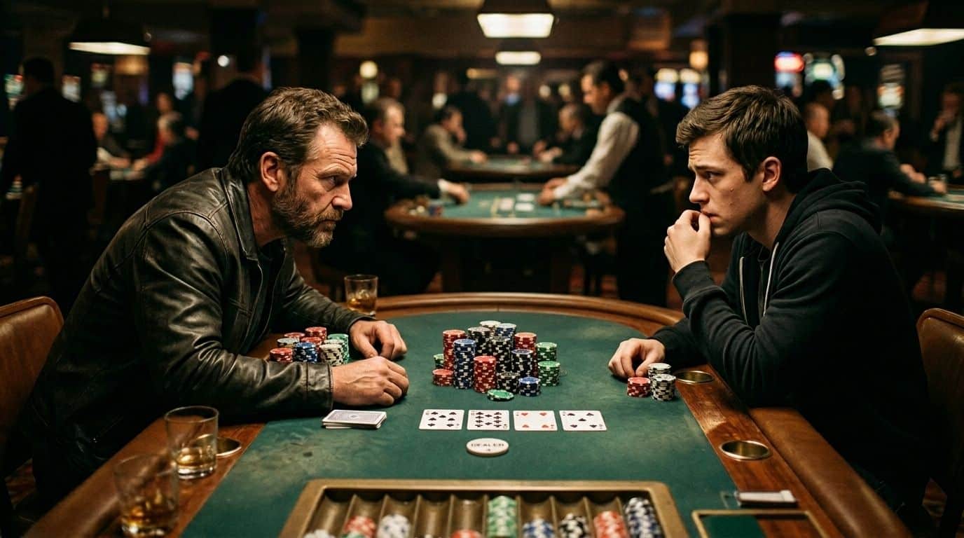 Dva igrača pokera suočena za stolom dok jedan razmišlja o odgovoru na overbet protivnika