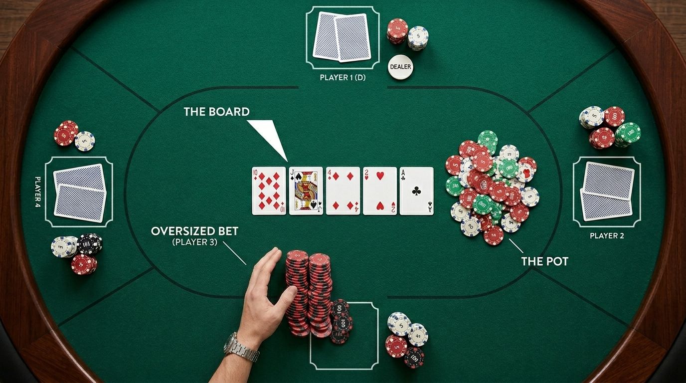 Prikaz poker stola odozgo sa označenim overbet ulogom, potom i zajedničkim kartama.