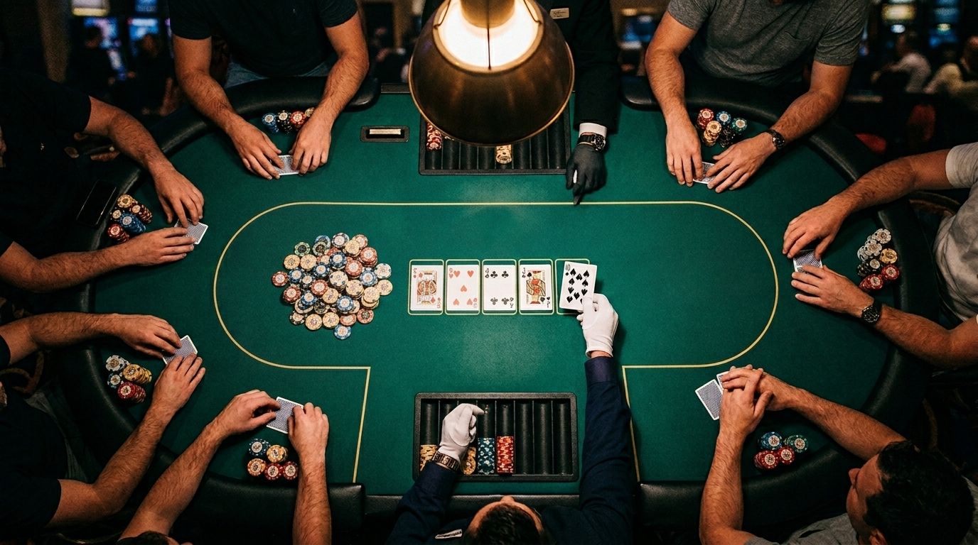 Poker sto sa igračima tokom žive partije, sa velikim potom u sredini.