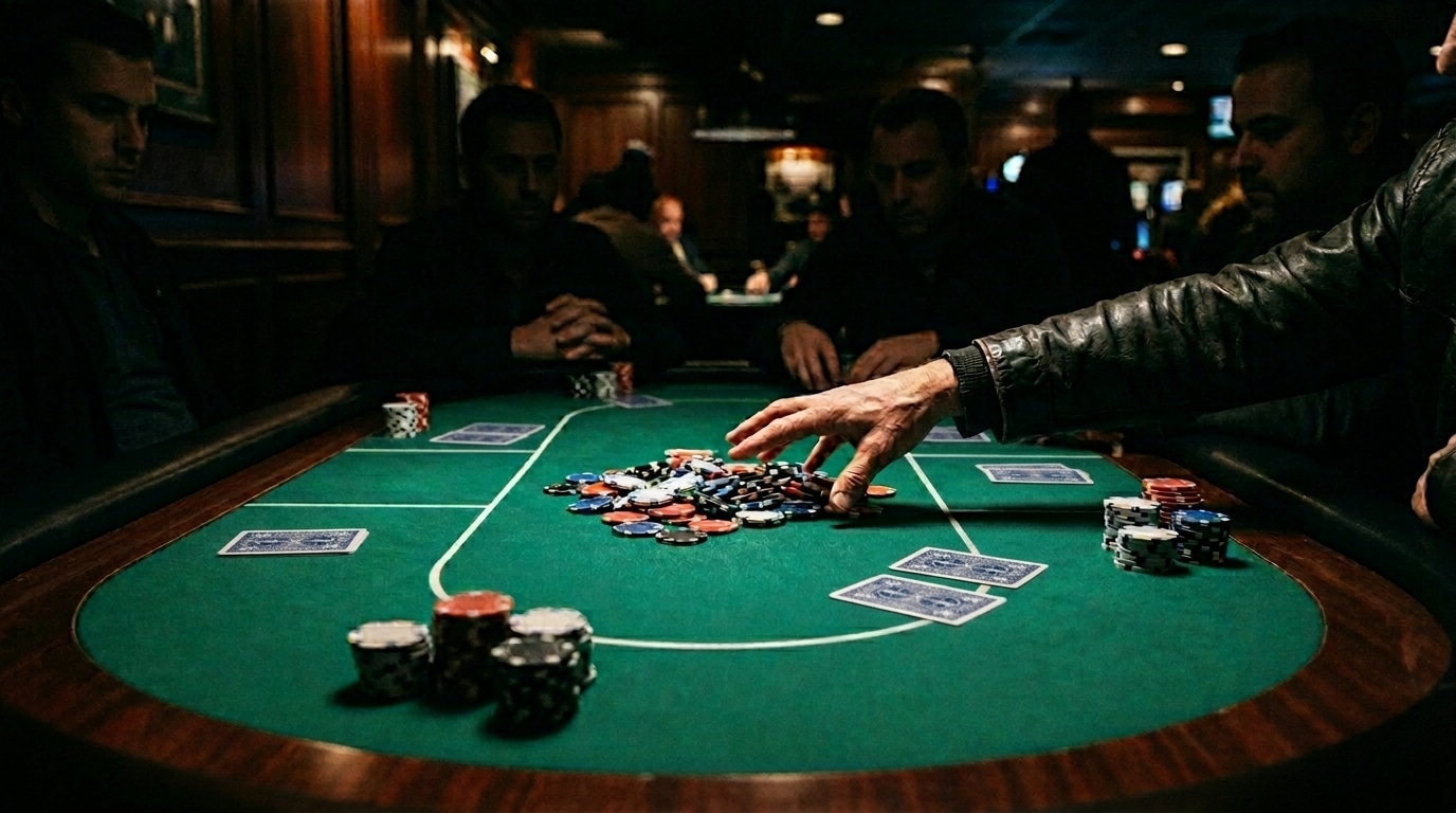 Igrač poseže za velikim potom čipova na poker stolu nakon završene ruke.