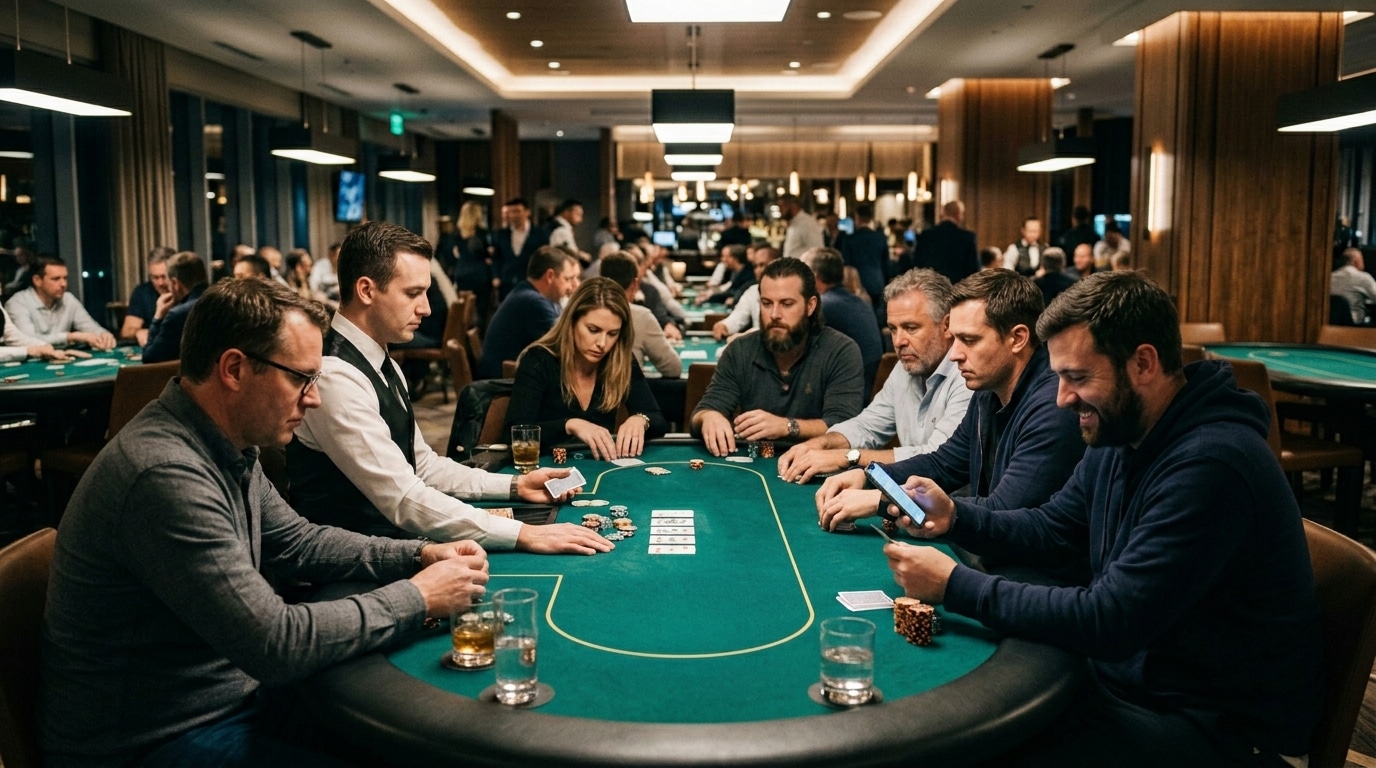 Live poker partija za punim stolom dok igrači prate akciju i donose odluke.