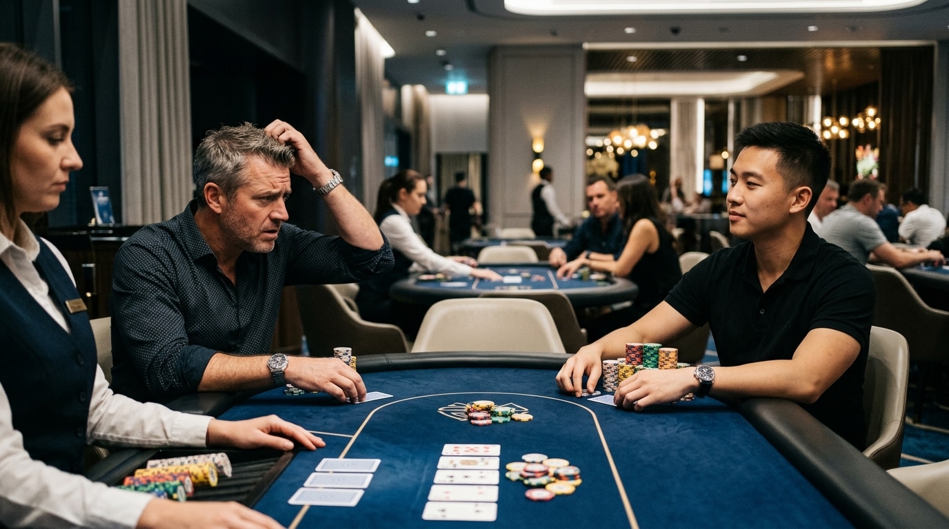 Poker igrač zabrinuto analizira situaciju dok protivnik mirno sjedi sa velikim stackom čipova.