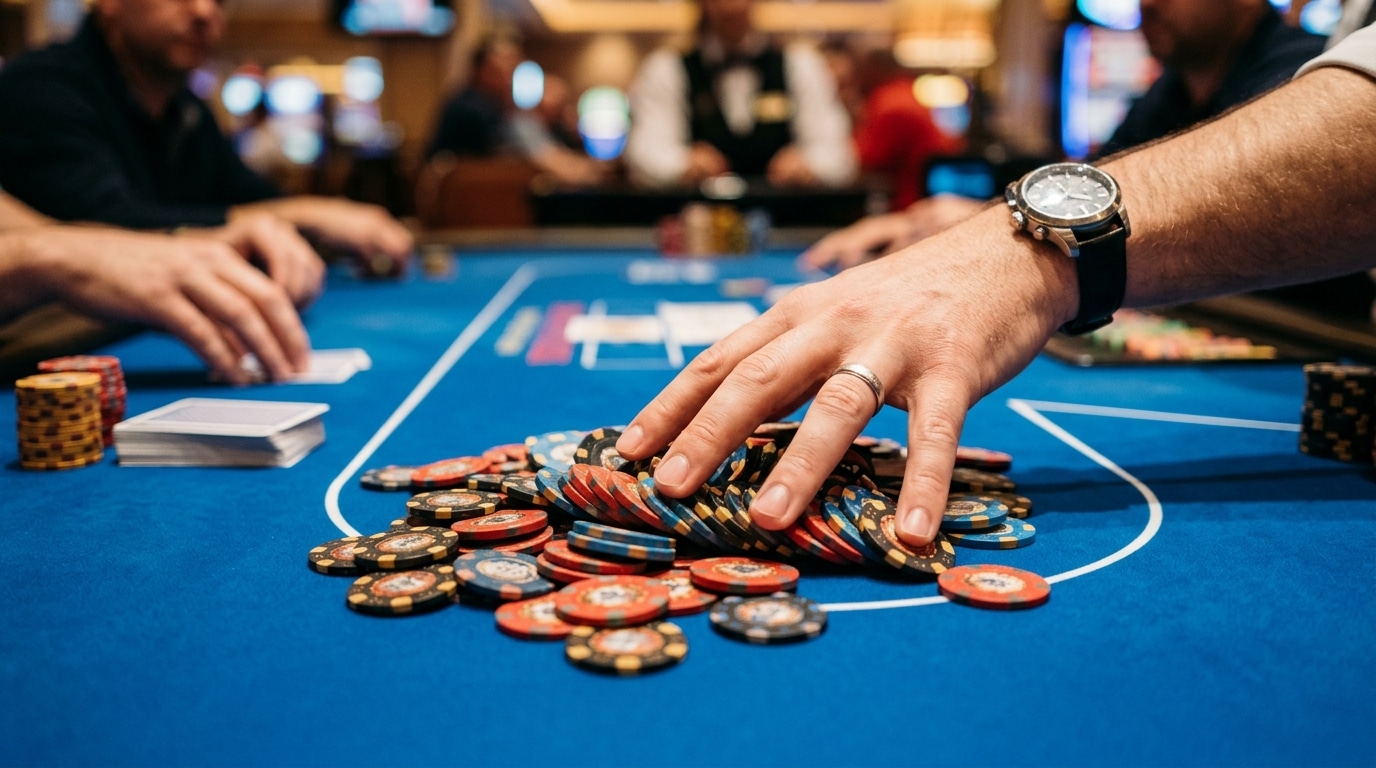 Krupni kadar ruke koja skuplja veliki pot raznobojnih poker čipova sa stola.