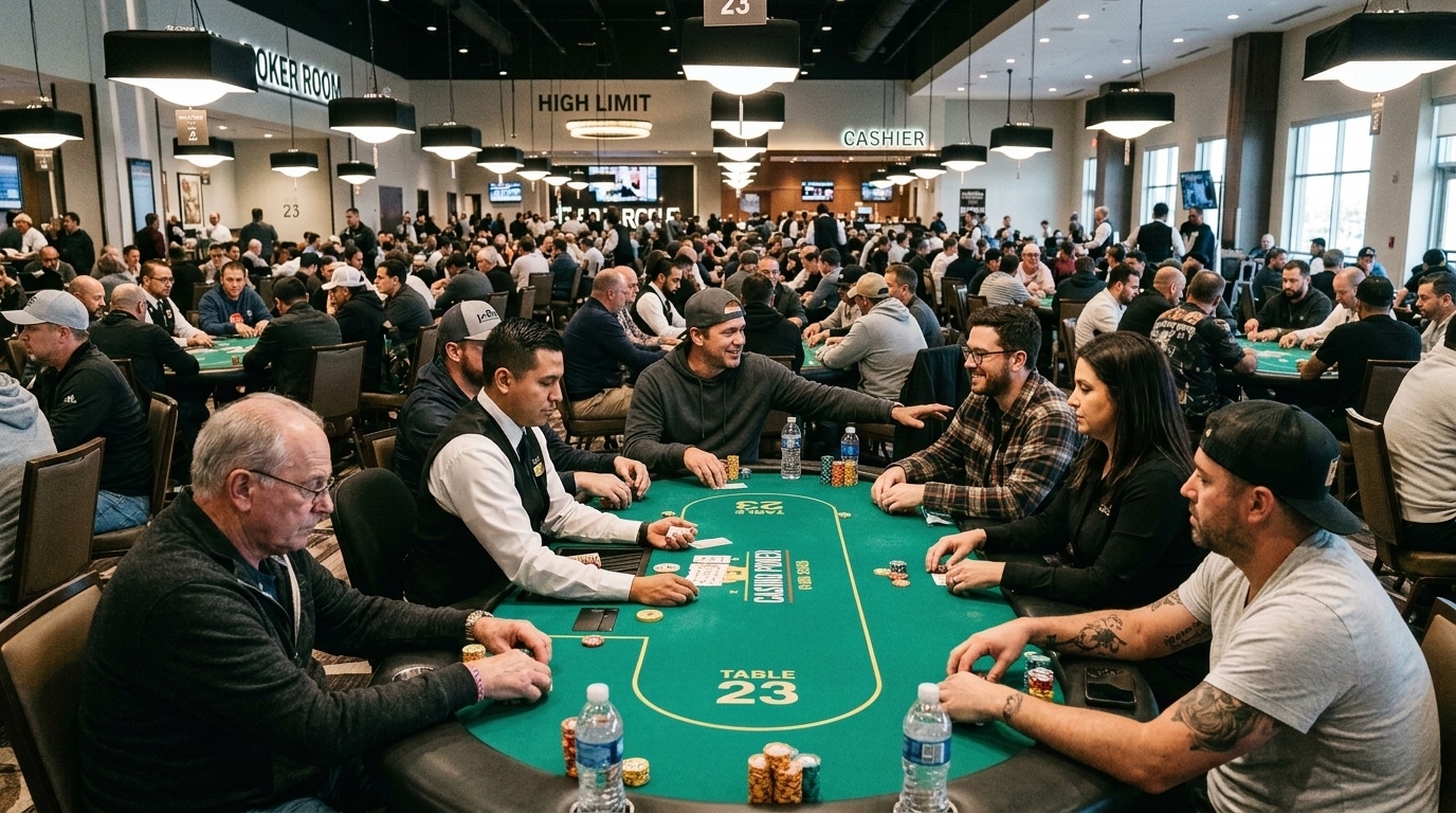 Puna poker sala sa brojnim igračima za stolovima tokom live turnira.