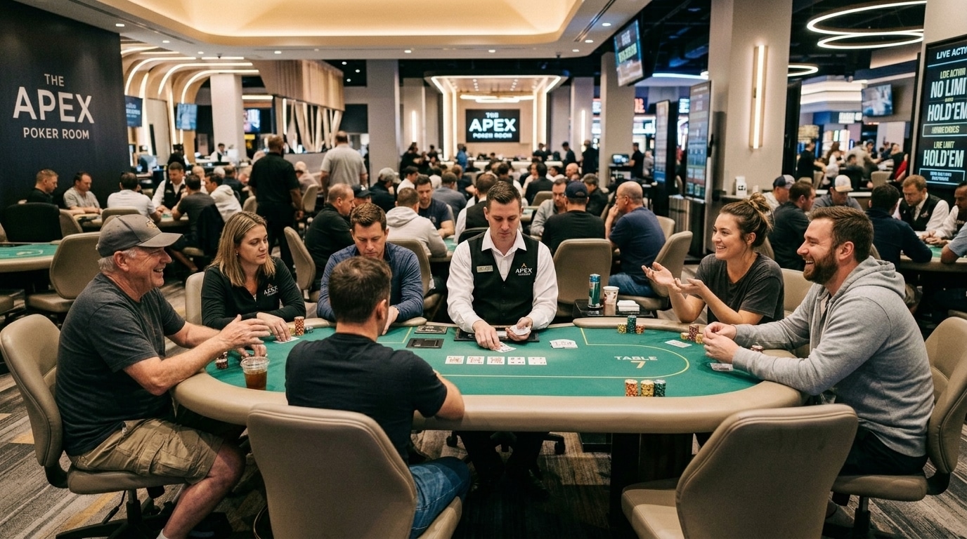 Igrači za poker stolom u prometnoj poker sali tokom opuštene partije.
