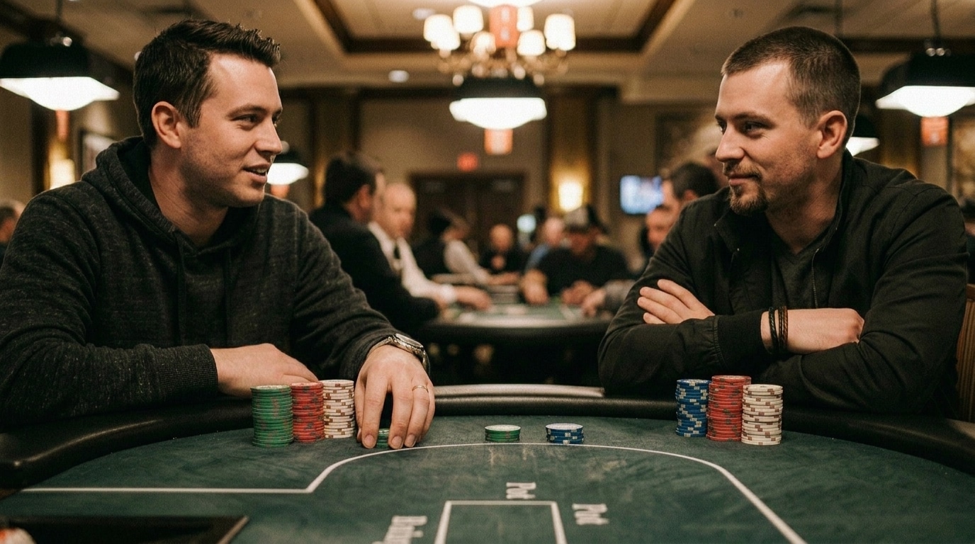 Dva poker igrača razgovaraju za stolom dok ispred njih stoje složeni žetoni.