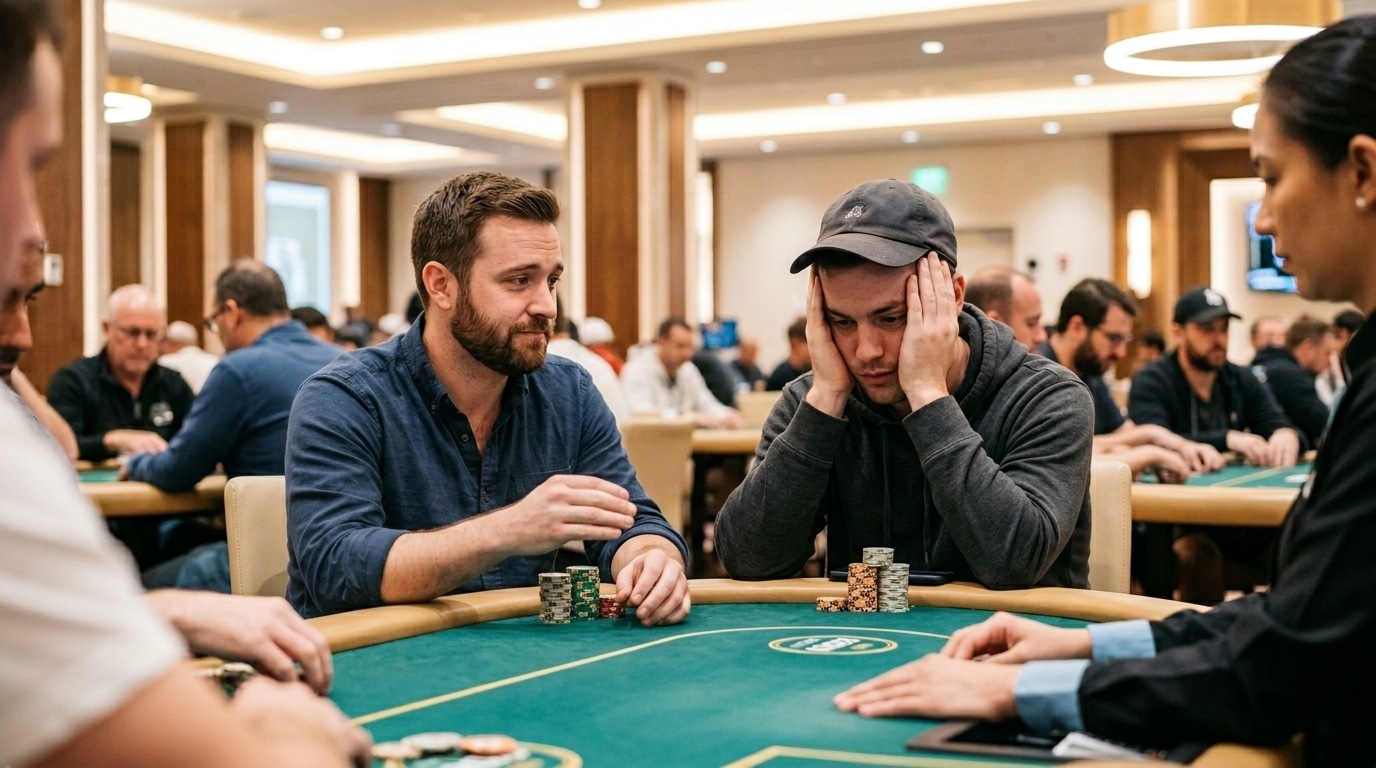 Poker igrač drži glavu rukama nakon teške odluke dok protivnik čeka za stolom.