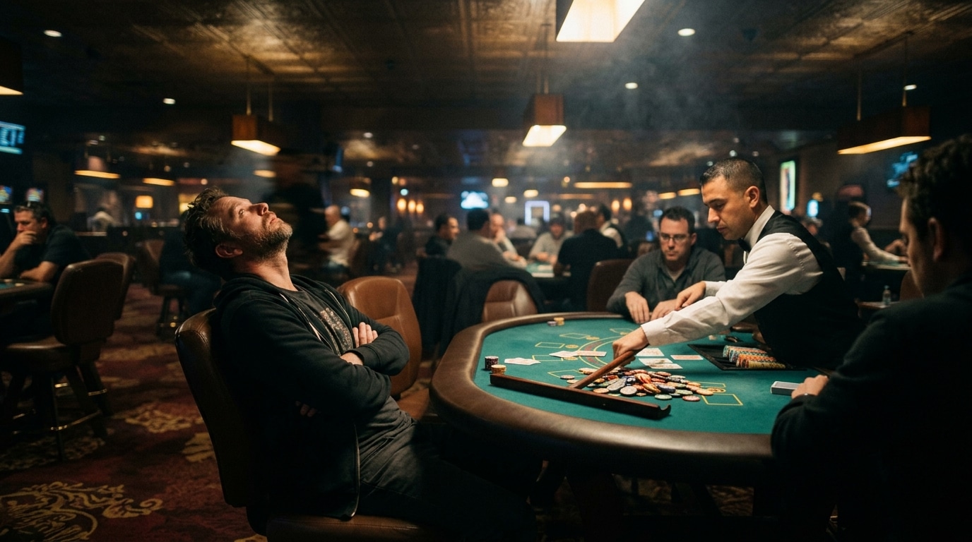 Frustrirani poker igrač naslonjen na stolicu dok djelilac skuplja žetone sa stola.