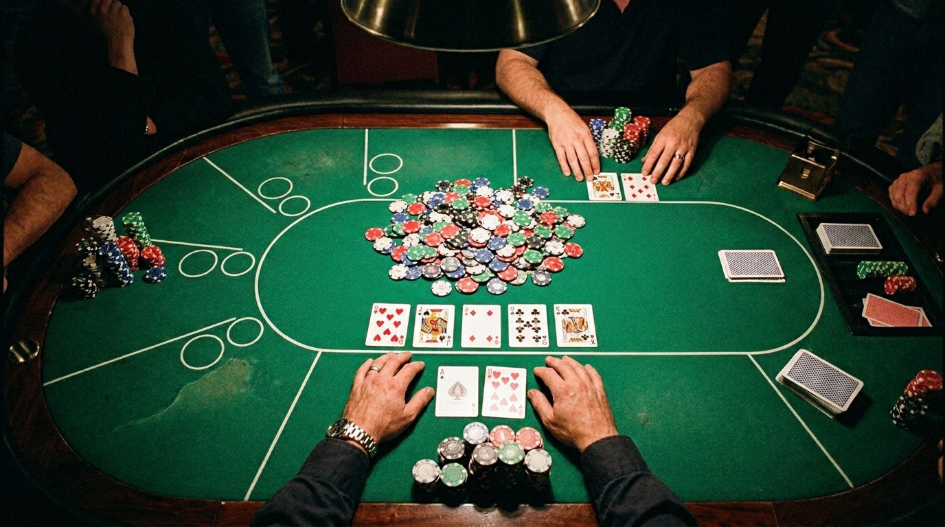 Pogled odozgo na poker sto sa velikim potom, zajedničkim kartama i igračima koji još učestvuju u ruci.