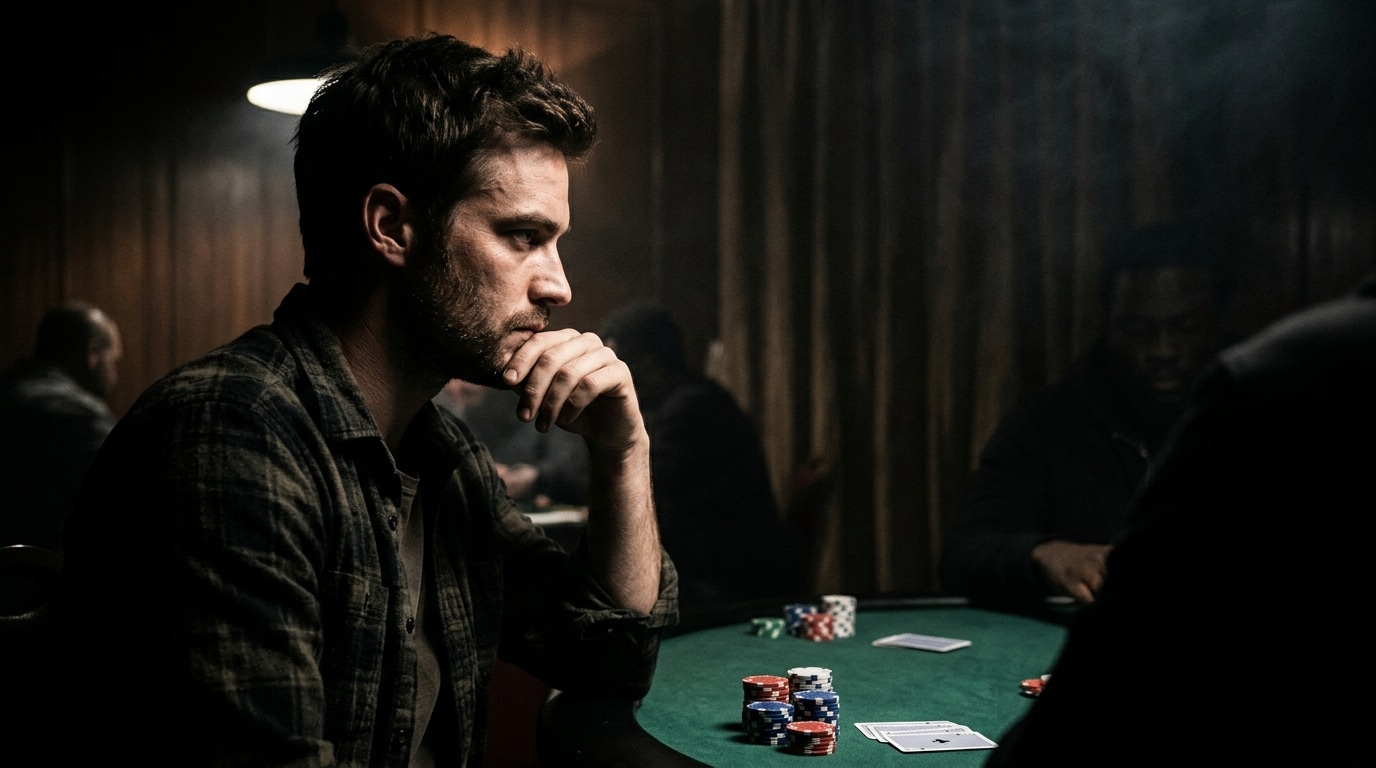 Poker igrač zamišljeno posmatra sto i svoje žetone prije donošenja teške odluke.