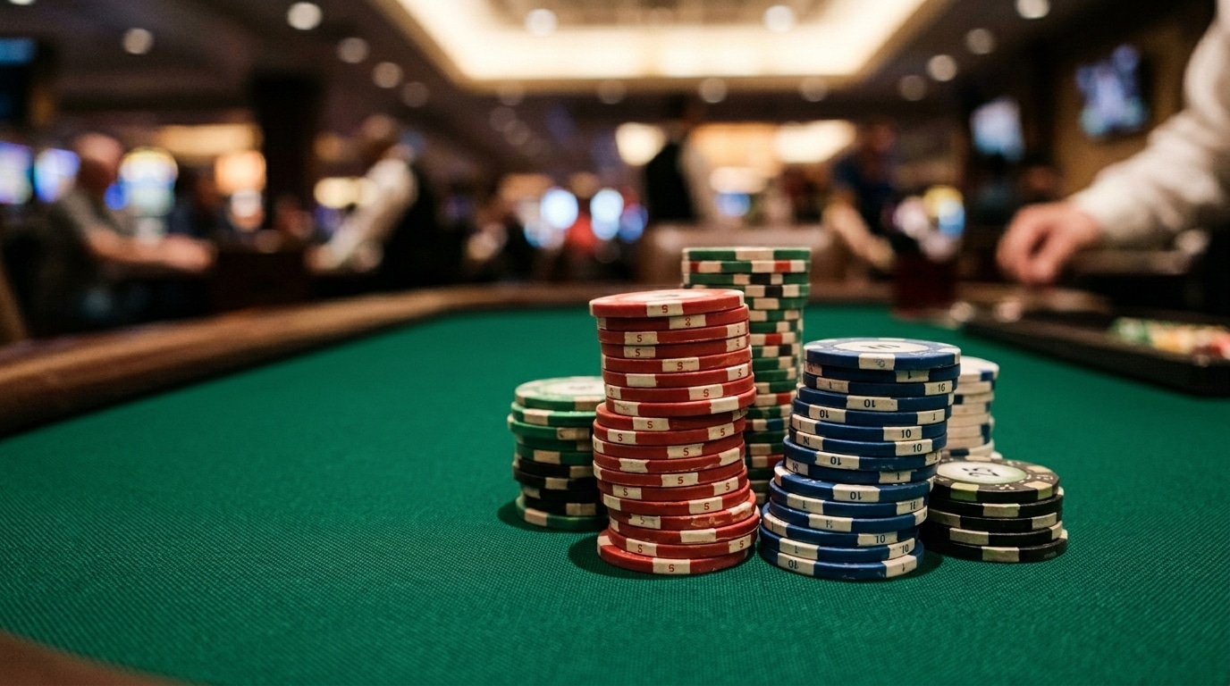 Veliki stackovi poker žetona složeni na zelenom stolu u kasinu.