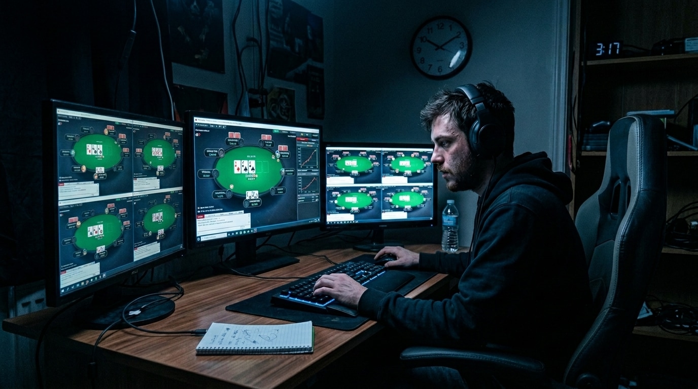 Online poker igrač za računarom prati više stolova tokom duge sesije.