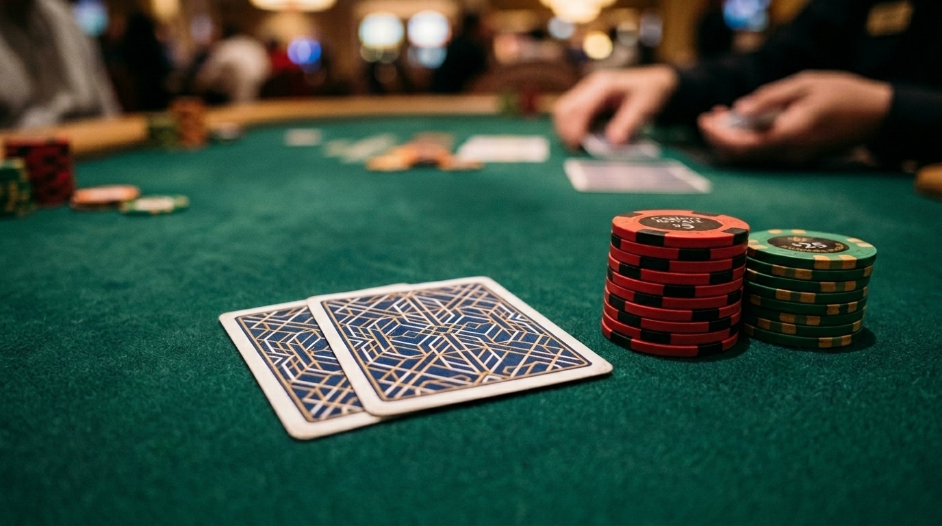 Dvije zatvorene karte i poker žetoni na stolu tokom igre uživo.