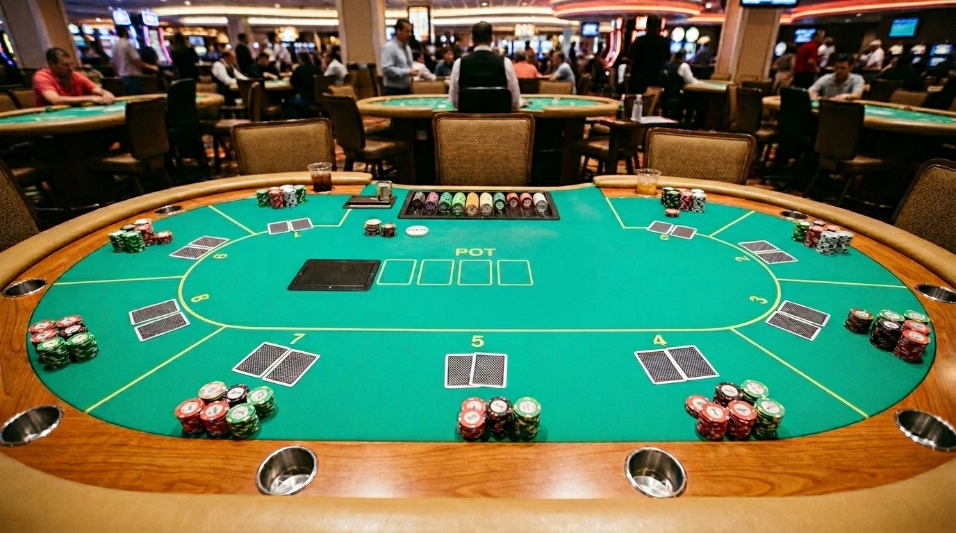 Poker stol sa više pozicija, zatvorenim kartama i žetonima igrača.