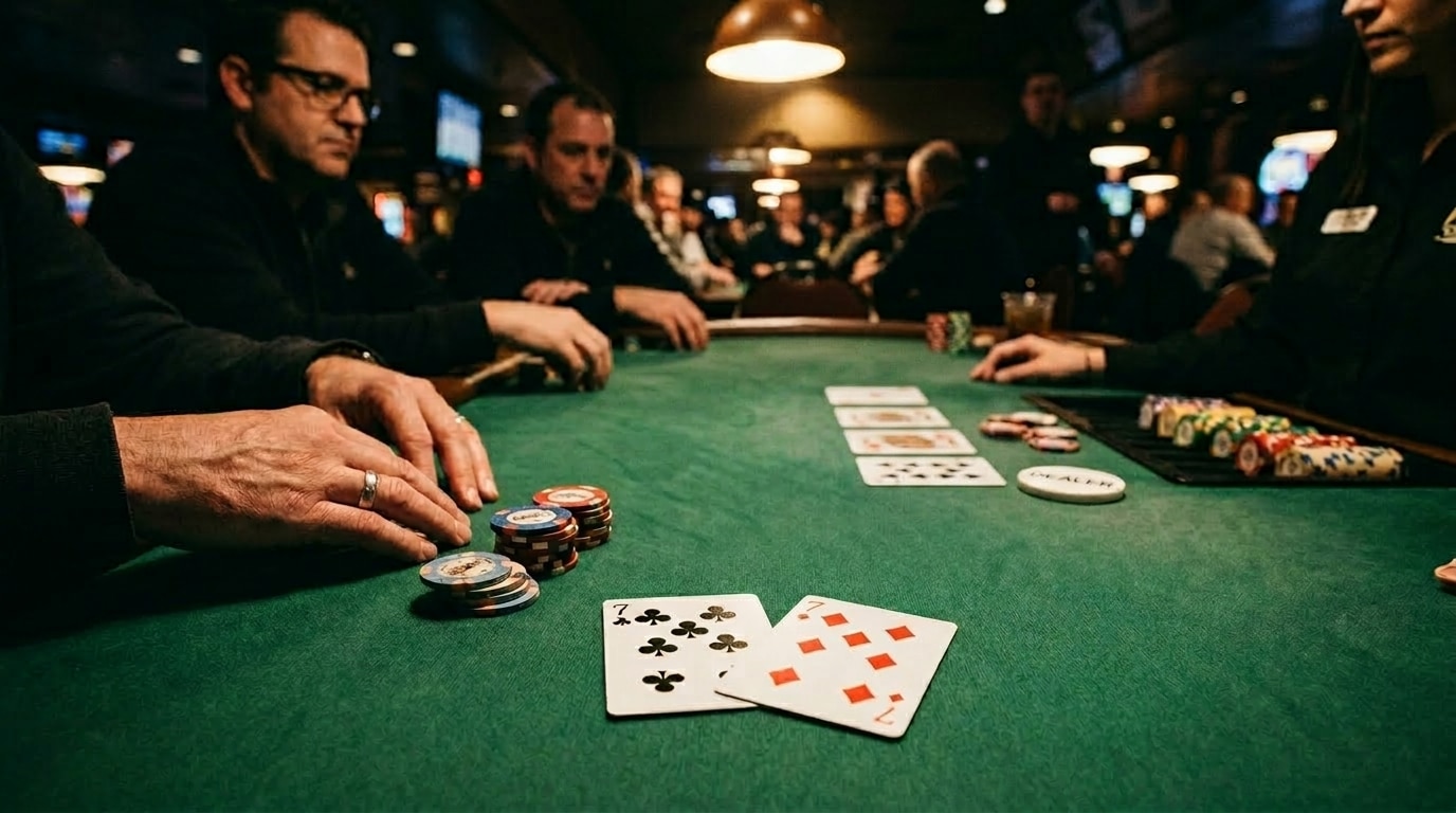 Par sedmica na poker stolu tokom ruke uživo u kazinu.