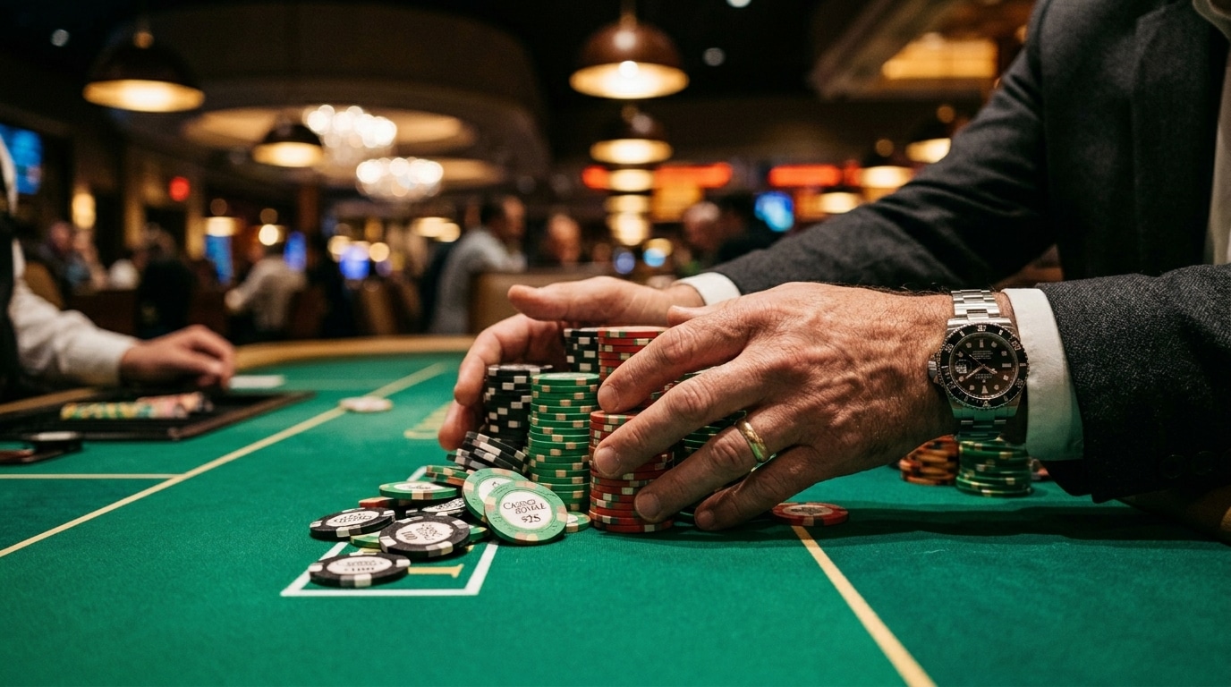 Ruke igrača slažu poker čipove za stolom u kazinu.