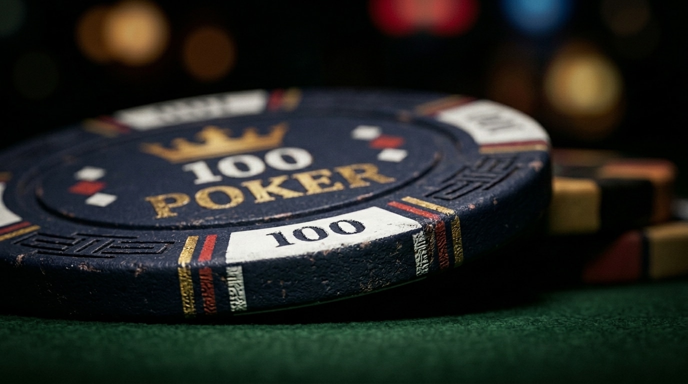 Krupni plan tamnog poker čipa nominalne vrednosti 100.