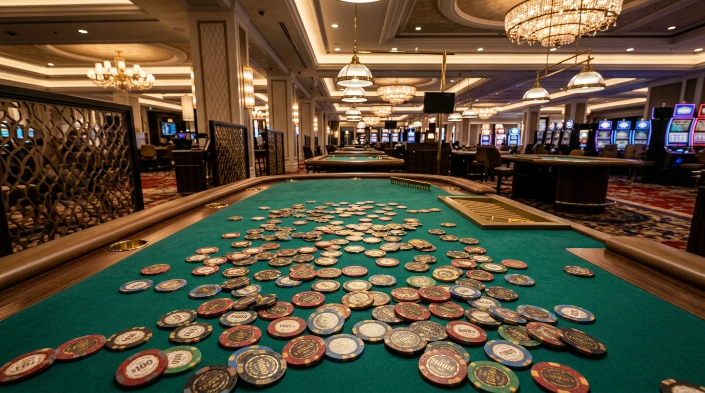 Poker sto u kazinu prekriven velikim brojem raznobojnih čipova
