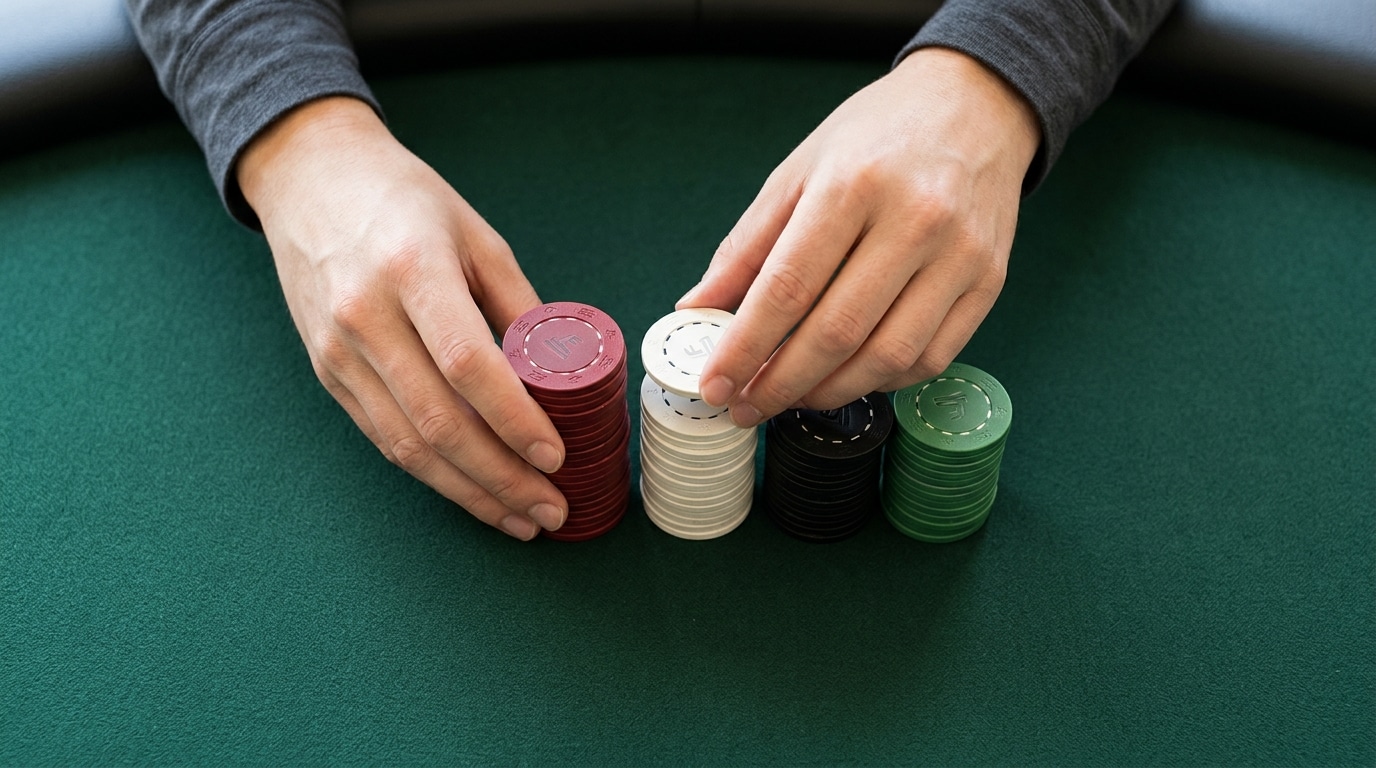 Igrač rukama slaže poker čipove različitih boja u uredne gomile.
