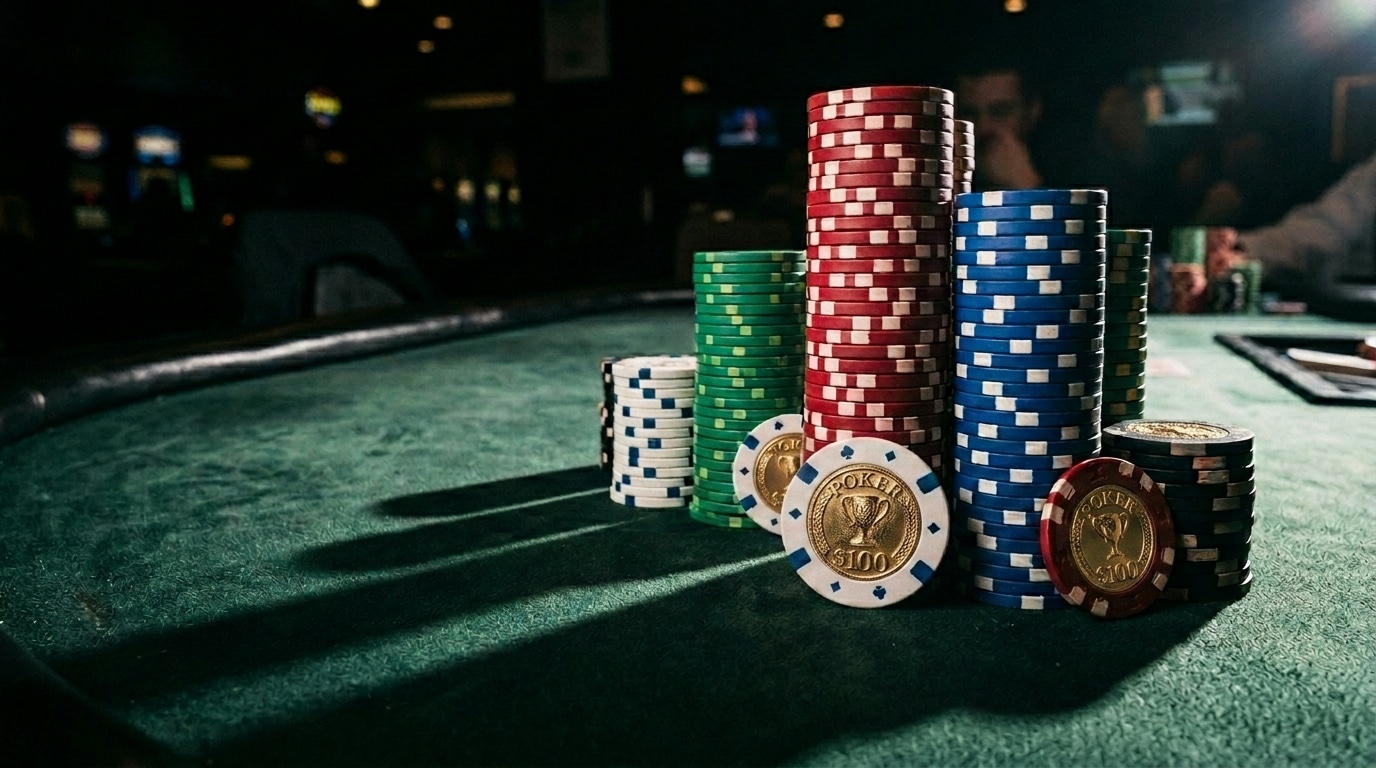 Visoke gomile poker čipova različitih boja na zelenom poker stolu.