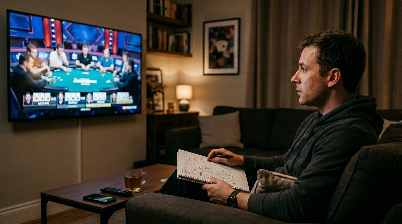 Igrač prati poker turnir na televiziji i zapisuje bilješke o igri.