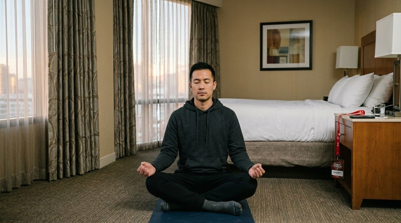 Igrač meditira u hotelskoj sobi kao dio mentalne pripreme za poker turnir.