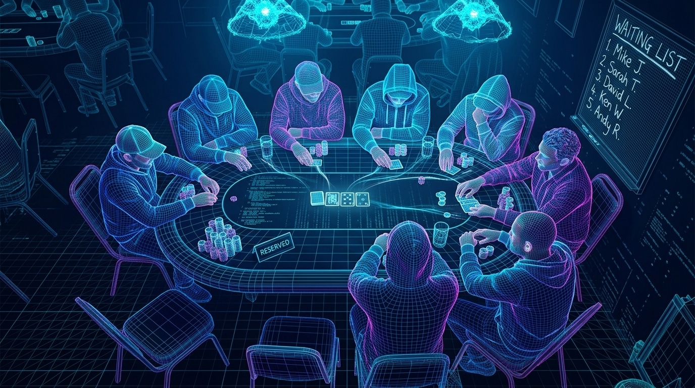 Digitalni prikaz poker stola sa više igrača, koji simbolizuje praćenje akcije i upravljanje pažnjom.