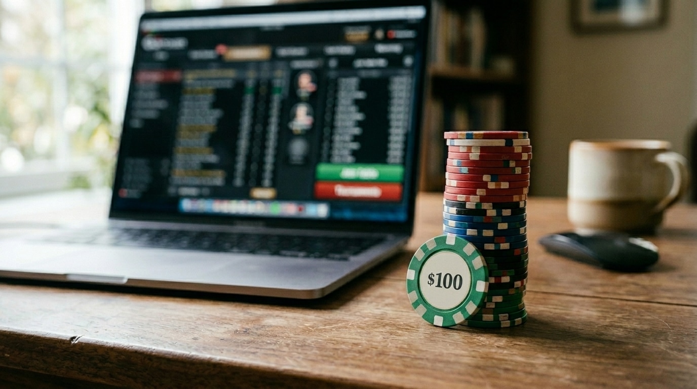 Poker žetoni pored laptopa sa otvorenim online poker softverom tokom kućne sesije.