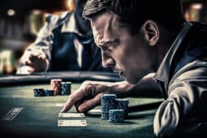 Muškarac koncentrisan za poker stolom dok proverava karte i čipove, naglašavajući taktički aspekt igre.