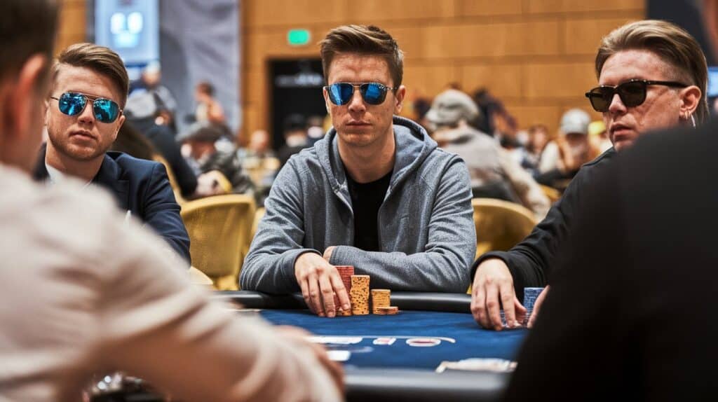 Trojica mladića sa sunčanim naočarima sede za poker stolom; igrač u sredini nosi sivu duksericu i koncentriše se na žetone ispred sebe