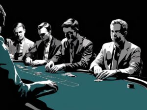 Ilustracija četvorice muškaraca u odelima koji sede za poker stolom u crno-beloj tehnici, dok se diler priprema za podelu