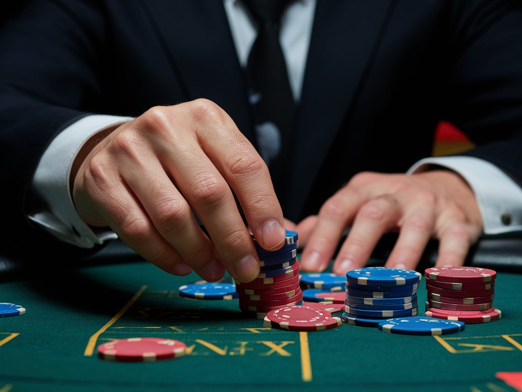 Igrač u elegantnom odelu pažljivo slaže crvene i plave žetone na poker stolu.