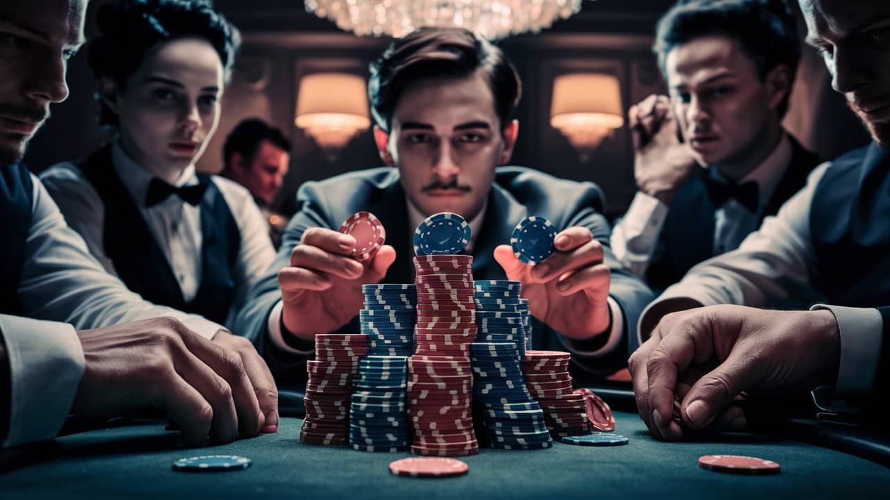 Igrač sa pažnjom slaže plave i crvene poker žetone u visoke stubove, okružen protivnicima.