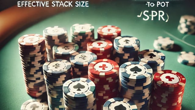 Naslagani poker žetoni uz tekst o efektivnoj veličini steka i SPR, sa simbolima karata.